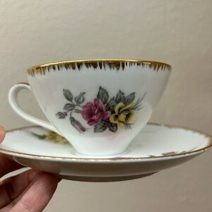 Vintage Floral Teacup and Saucer with Gold Trim